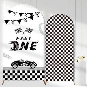 lot 14384 image: 2PCS Fast One Arch Backdrop Cover for Boys Race Car 1st Birthday Decor 6ft 7.2ft Stretchy Spandex Racing Checkered Arch Backdrop Stand Cover for Boys Fast One Birthday Party Supplies