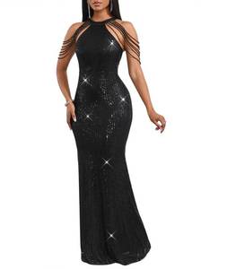 lot 14391 image: Cololura Women Large Sexy Elegant Sequin Tassel Off Shoulder Halter Bodycon Maxi Dress Party Evening Gown Formal Dress