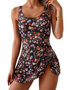 lot 14401 image: Eomenie XL One Piece Swimdress Swimsuits for Women Tummy Control Swim Dresses Skirt Bathing Suit Black Floral