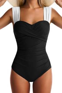 lot 14404 image: EVOCRCO Womens Large One Piece Swimsuits Tummy Control Bathing Suits Modest Full Coverage Swimsuit Wide Straps Swimwear Black and White