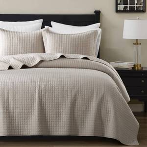 lot 17435 image: WDCOZY 100percent Cotton King Size Quilt Set - Beige Box Pick Stitch Soft Lightweight Bedspread, Textured Like Linen, Farmhouse Country Rustic Coverlet, Shabby Chic Gauze Bedding, 3 Pieces