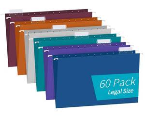 lot 17437 image: Hanging File Folders, RAZCC 60 Pack Reinforced Hanging Folders Legal Size, Designed for Bulky Files, Filing Cabinet, Adjustable Tabs, Assorted Colors