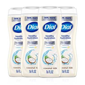 lot 17449 image: Dial Body Wash, Healthy Hydration, Coconut Milk  Vitamin E, 16 fl oz (Pack of 4), Gentle, Leaves Skin Feeling Soft In 1 Shower, Dermatologist-Tested, No Parabens and Silicones
