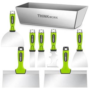 lot 17474 image: THINKWORK Drywall Tools - 8Pcs Stainless Steel Drywall Knife Set with Putty Knife, Taping Knives, Painter Scraper and 10 Mud Pan, Spackle Tool Set for Joint Taping, Finishing and Patchingin