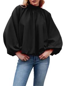 lot 18227 image: Skoinvb Womens Mock Neck Pleated Blouse Open Back Bow Tie Long Puff Sleeve Loose Fit Casual Shirt Cute Tops Fall Black S