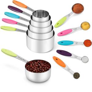 lot 18234 image: Joyhill Stainless Steel Measuring Cups and Spoons Set of 10 Piece, Nesting Metal Measuring Cups Set with Soft Touch Silicone Handles for Dry and Liquid Ingredients, Cooking and Baking (Colorful)