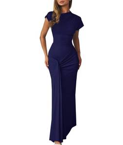 lot 18294 image: Mojessy Women Bodycon Maxi Dress Sexy Mock Neck Ruched Short Sleeve Long Dress Cocktail Dresses Navy