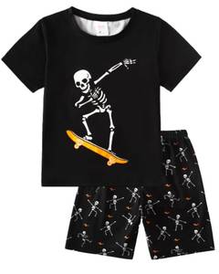 lot 18295 image: MyFav Big Boys Glow in Dark Skull Pjs Sleepwear Summer Pajama Shorts Sets, Skateboard, 8 Years