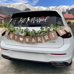 lot 18306 image: Just Married Car Decorations Set, 5.6Ft Artificial Wedding Flower Vine, Jute Burlap Just Married Sign Banner, 26x5.7 Wedding Car Window Decal