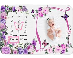 lot 18349 image: Chumia Baby Monthly Milestone Blanket for Baby Girl 59x39in Floral Photo Prop Age Milestone Blanket with 2 Felt Floral Wreath Frame(Purple,Flower)in