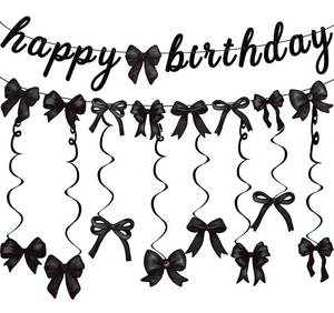 lot 18356 image: Black Bow Happy Birthday Banner Garland and Hanging Swirls for Girl Black Bow Coquette Birthday Party Decorations