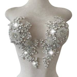 lot 18367 image: XZG.beatal Handmade Shining Rhinestones lace Applique Patches Sewing Beads Sequins Stone Trim Accessories for Wedding Dress 1 PairBag 11X4.3inches (Silver)