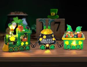 lot 18384 image: Hexagram St Patricks Day Decorations, Lighted St Patricks Day Gnomes Decor, Saint Patrick Decorations for Table, Train Tabletop Decorative Ireland Centerpiece Leprechaun Figurines Resin