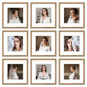 lot 18394 image: BSRHOME 12x12 Picture Frame Set of 9, Display Pictures 8x8 with Mat or 12x12 without Mat, Multi Collage Gallery Square Photo Frames for Wall or Tabletop,Light Brown