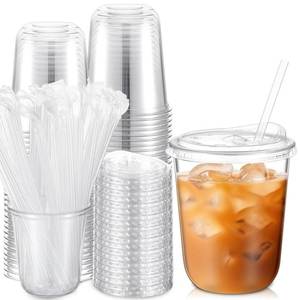 lot 18396 image: Ziliny 50 Pack 14 oz Clear Plastic Cups with Sip Lids and Straws, Disposable Pet Crystal Iced Coffee Cups with Lids for Coffee Smoothie, Milkshake, Cold Drinks