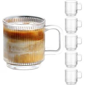 lot 18398 image: Qipecedm 6 PACK Premium Glass Coffee Mugs with Handle, 12 OZ Classic Vertical Stripes Glass Coffee Cups, Transparent Tea Cup for HotCold Beverages, Glassware Set for Americano, Latte, Cappuccino