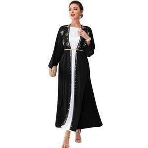 lot 18402 image: Abaya Dress for Women Muslim Open Front Cardigan Rhinestones Robe Arabs Kaftan Long Sleeve Maxi Belt Dress Party Dress Muslim Clothes For Women Traditional Arabic Cardigan Black Cardigan S