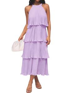 lot 18406 image: ZESICA Womenfts 2025 Summer Sleeveless Halter Neck Ruffle Tiered Layed Chiffon Flowy Swing Long Midi Dress,Purple,Medium
