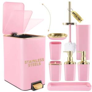 lot 18416 image: XLHOMO Pink Bathroom Accessories Set 8 Piece Pink and Gold Bathroom Set, Bathroom Sets with Stainless Steel Trash Can,Toilet Brush,Toothbrush Set,Soap Dispenser