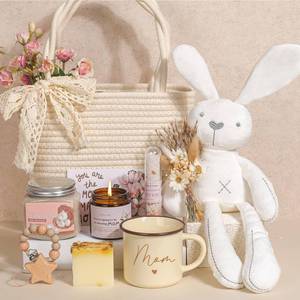 lot 18446 image: New Mom Gift Basket  New Mom Care Package with Tote Bag, Mug  Spa and Relaxation Set with Rose Bath Salt, Scrub, Handmade Soap and Card � Thoughtful Postpartum Gift for Mom