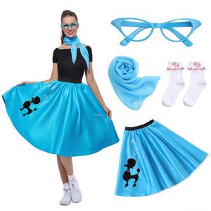 lot 18468 image: Rabtero Women Sock Hop Costume, Adult 1950s Poodle Dress Costume, 50fts Poodle Skirt with Glasses, Scarf and Socks for Women 18-24, Plus, Blue
