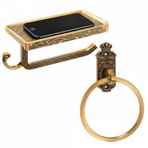 lot 18471 image: LemonRoad 2 Pcs Vintage Toilet Paper Holder with Shelf and Bathroom Towel Ring Antique Brass Gold Aluminum Bathroom Accessories Set Wall Mount Decorative Hand Towel Hanger for Toilet Kitchen Vanity