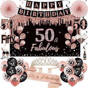 lot 19723 image: 50th Birthday Decorations for Women, 33pcs 50th Birthday Crown and Sash, Black Rose Gold Happy 50th Birthday Banner Balloons Backdrop Hanging Swirls Paper Fans, 50 Years Old Birthday Decorations Kit