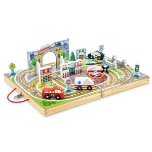 lot 19724 image: Melissa and Doug 18-Piece Wooden Take-Along Tabletop Town, 4 Rescue Vehicles, Play Pieces, Bridge