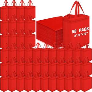 lot 19726 image: Windyun 50 Pcs Reusable Tote Bag Bulk 8 x 4 x 10 Inch Non Woven Shopping Bag with Handle Christmas Reusable Grocery Gift Tote (Red)