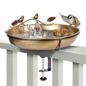lot 19737 image: kapwall Metal Deck Mounted Bird Bath - 12 Inch Bronze Color Bird Bath for Outdoor with Small Bird Feeder and Decor Branch - Attracts Hummingbirds, Cardinals, Finches