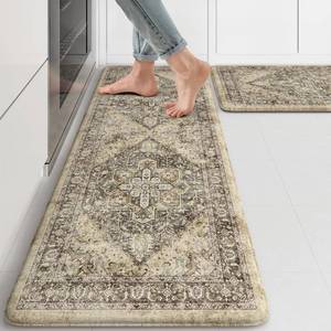 lot 19739 image: KIMODE Anti Fatigue Kitchen Mat, Boho Distressed Kitchen Rugs Sets of 2, Kitchen Floor Mats Non Slip Cushioned, Waterproof Standing Mat for Laundry, Office, Sink, Desk, Brown 17x47in17inx29inin