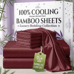 lot 19772 image: SLEEP SANCTUARY 100percent Viscose Derived from Bamboo Sheets Full 6pcs � BamBliss Luxury Cooling Sheets for Hot Sleepers - Cloud Soft, 17 Deep Pocket, Ultra Durable Bed Set (Burgundy)in