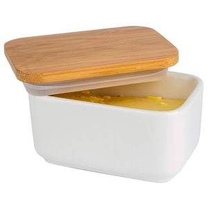 lot 19776 image: Arswin Porcelain Butter Dish with Bamboo Lid, Ceramic Butter Keeper Container for Countertop or Refrigerator, Heat Resistant Kitchen Butter Storage Dish, White (300ml)