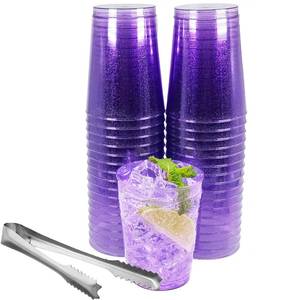 lot 19777 image: 50pc 10oz Purple Glitter Plastic Cups and 1 Silver Ice Tong Set - Disposable Cocktail Glasses - Plastic Wine Cups - Purple Party Decorations - Purple Party Supplies