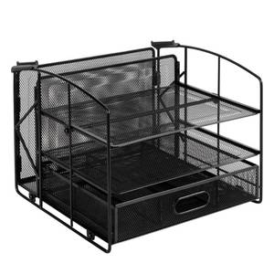 lot 19787 image: Amazon Basics Sturdy Rectangular Desktop Organizer with 3 Trays, Sliding Drawer and Hanging File Holder for Office Supplies, Black