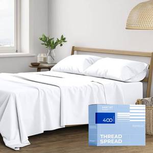 lot 19792 image: THREAD SPREAD King Size Cotton Sheets Set - 400 Series Glee Collection 100percent Cotton Sheets for King Bed (4 PC, White), 16 in Deep Pocket Soft Bed Set for Hot Sleepers, Luxury Hotel Cooling Sheet