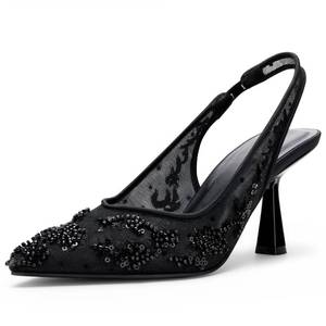 lot 19795 image: Viciously Vixen Women�s Wedding Shoes for Bride, 2.5 Inch Kitten Heels, Slingback Pumps, Rhinestone and Embroidered Bridal Heels, Elegant Dress Shoes for Evening and Parties, Black Embroidery, 10
