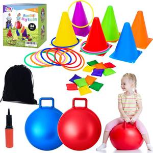 lot 19798 image: JOY SPOT 34PCS 4 in 1 Carnival Outdoor Games Combo Set for Kids, Soft Plastic Cones Bean Bags Ring Toss Game, Activity Agility Set with 2 PCS 18 Hopper Balls, Birthday Party Yard Lawn Gamesin