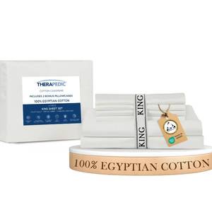 lot 19800 image: Therapedic 100percent Egyptian Cotton King 6-Piece Sheet Set � Naturally Cooling and Breathable Sateen, Preshrunk Garment Wash, 16 Deep Pocket Fitted Sheet, Bonus Pillowcases, Soft and Durable - Whitein
