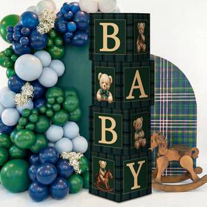 lot 19804 image: Sosation Luxury Equestrian Bear Baby Shower Decoration Green Blue Tartan Plaids Balloons Bear Baby Shower Boxes Vintage Gender Reveal Party Decor First Birthday Backdrop Elegance Supplies