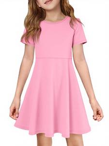 lot 20150 image: Imily Bela Girls Summer Short Sleeve Dress A Line Swing Basic Skater Twirl Party Dresses 5-14 Years Pink