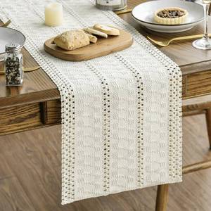 lot 20154 image: Artoid Mode Beige Farmhouse Woven Rustic Hollow Table Runner, Seasonal Holiday Hollow Kitchen Dining Table Decoration for Home Party Decor 12x72 Inch