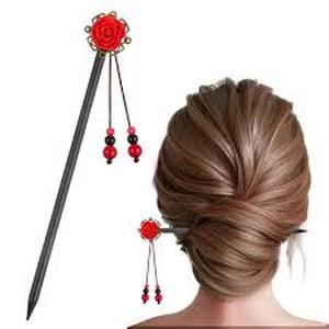 lot 12215 image: Decorative Hair Chopsticks with Red Rose and Beads