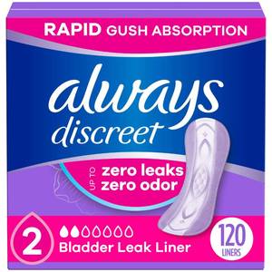 lot 1419 image: Always Discreet Incontinence Panty Liners for Bladder Leaks, Size 2, Very Light Absorbency, 120 Count
