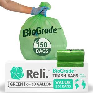 lot 1431 image: Reli. Biodegradable 6-10 Gallon Trash Bags  150 Count  ASTM D6954  Green  Eco-Friendly  Oxobiodegradable Under Certain Conditions (See Product Description)