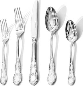 lot 1435 image: KINGSTONE Vintage Silverware Set, 60-Piece 1810 Stainless Steel Retro Royal Flatware Cutlery Set for 12 with Carved Thick Handles, Tableware Utensils for Home,Party,Restaurant,Wedding,Dishwasher Safe