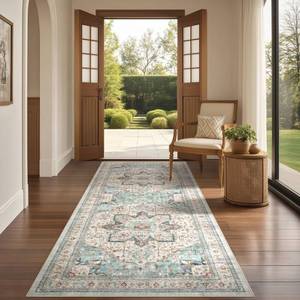 lot 1436 image: Tortania Area Rug 3x8 Runner Rugs - Washable Vintage Oriental Farmhouse Thin Indoor Carpet for Living Room Bedroom Hallway Entryway Kitchen Under Dining Table Home Office - Aqua Multi