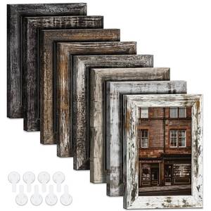 lot 1450 image: Bagous 4x6 Picture Frames Set of 8, Vintage Rustic Farmhouse Industrial Style Photo Frames, High Definition Real Glass, for Tabletop or Wall Hanging