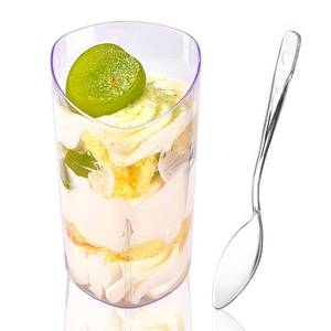 lot 1469 image: Legredic 25 Pack Mini Dessert Cups with Spoons, 3 oz Clear Plastic Parfait Appetizer Cups, Small Reusable Shooter Serving bowls for Tasting, Slanted Triangle Dessert Shot Glasses