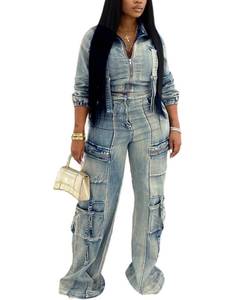 lot 1472 image: Voghtic Denim Set For Women 2 Piece Outfits Long Sleeve Zipper Jean Jacket Cargo Pants Matching Sets XXL